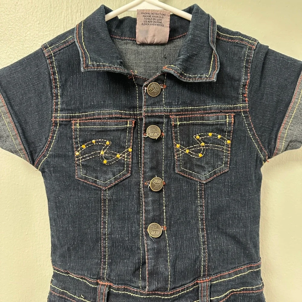 Vintage Kids 2B Real Girls Dark Wash Denim Dress Size 6X Rhinestone Button Front